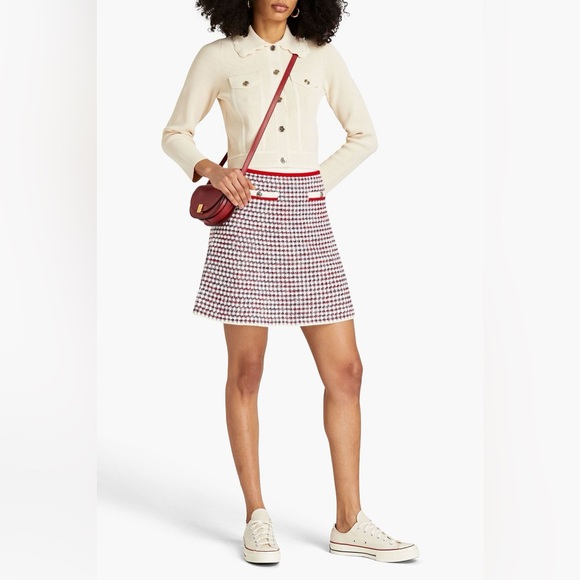 SANDRO Boucle Tweed Mini Skirt Red White Blue Houndstooth ALine Paris Chic Sz2 - Picture 1 of 11